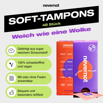 nevernot mīkstie tamponi, 48 gab.: menstruālais sūklis ar diegu pēc izvēles, 100% netoksisks, supermīksts tampons, viegli noņemams, ideāli piemērots sportam, pirtij un pacientiem ar sāpēm