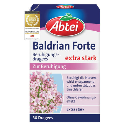 Abtei Valerian Forte - augu izcelsmes zāles, no baldriāna saknes - nomierināšanai un miega traucējumu ārstēšanai - neizraisa pieradumu - 30 apvalkotās tabletes