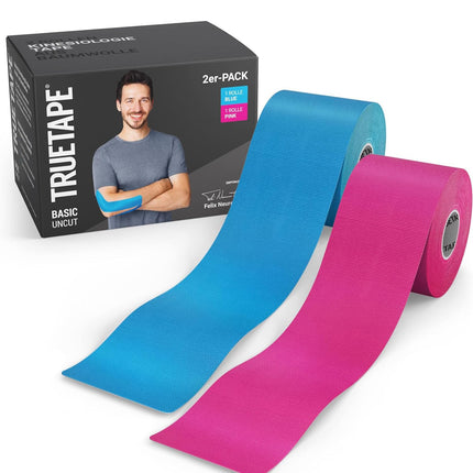 TRUETAPE® Kinesiotape – BASIC Negriezta Duo – 2 ruļļi (5 m x 5 cm) negriezti – Ūdensizturīga un elastīga kinezioloģiska lente – Fizioteips ar spēcīgu līmi ikdienas lietošanai un sportam – Zila un rozā