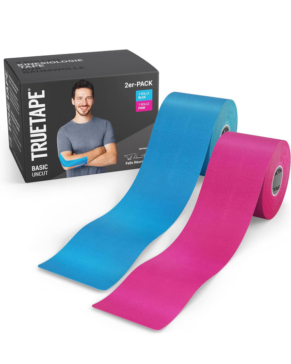 TRUETAPE® Kinesiotape – BASIC Negriezta Duo – 2 ruļļi (5 m x 5 cm) negriezti – Ūdensizturīga un elastīga kinezioloģiska lente – Fizioteips ar spēcīgu līmi ikdienas lietošanai un sportam – Zila un rozā