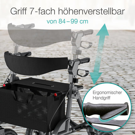 Salokāms un viegls maxVitalis Rollator ar sēdekli, āra rollator ar pneimatiskajām riepām, ieskaitot sēdekli, muguras siksnu, augstumā regulējamu alumīnija staigāšanas palīglīdzekli, ieskaitot somu un spieķu turētāju, antracīta krāsā