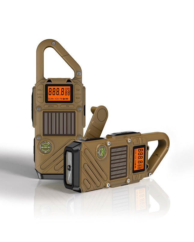Rācija pieaugušajiem, darbības rādiuss 10 km - 2 gabalu komplekts ar SOS trauksmi, LED lukturīti un FM radio - 3 uzlādes veidi: saules, rokas, USB - avārijas radio piedzīvojumiem brīvā dabā