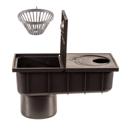 ScarMaxx - Lietus caurules noteka, notekcaurule - Lietus noteka DN 110 - Grīdas noteka Saderīga ar notekcaurulēm 50-110 mm - Plastmasa, melna - 29,8 x 15,2 x 16 cm - ar savākšanas grozu, noteka zem