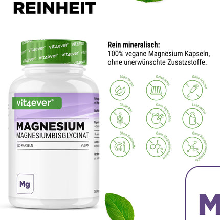 Magnija bisglicināts - 365 kapsulas - Premium: Helatēts magnijs - 155 mg elementārā magnija vienā kapsulā - Laboratorijā pārbaudīts - Vegāns - Augsta deva
