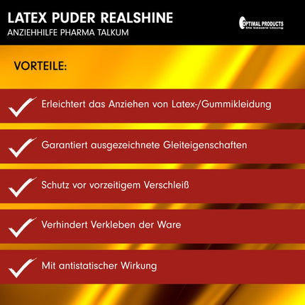 Optimal Products lateksa pulveris REALSHINE 650 g I balts talka pulveris, kas piemērots kā pārsiešanas līdzeklis lateksa apģērbam, lateksa cimdiem un to uzglabāšanai I bez smaržas, farmaceitiskas kvalitātes talks, antistatisks
