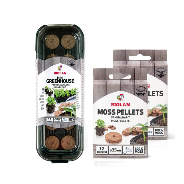 Biolan iekštelpu siltumnīca – mini audzēšanas komplekts 12 sēklām ar 36 kūdras nesaturošām audzēšanas tabletēm, izturīgs materiāls, caurspīdīgs vāks, ventilācijas dizains. Atkārtoti lietojams. Lieliski piemērots iesācējiem