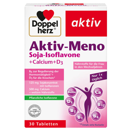 Doppelherz Aktiv-Meno - sievietēm menopauzes laikā - ar augu izcelsmes sojas izoflavoniem, kalciju un D3 vitamīnu - 30 tabletes