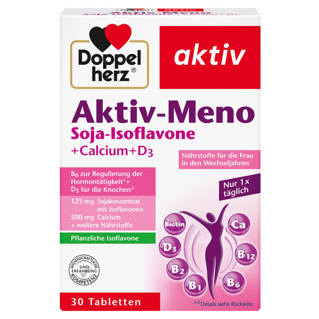 Doppelherz Aktiv-Meno - sievietēm menopauzes laikā - ar augu izcelsmes sojas izoflavoniem, kalciju un D3 vitamīnu - 30 tabletes