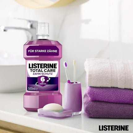 LISTERINE Total Care zobu aizsardzība (500 ml) - Stiftung Warentest testa uzvarētājs, 6 vienā efekts, 24 stundu svaiga elpa, aizsargā pret kariesu un smaganu problēmām, antibakteriāls mutes skalošanas līdzeklis