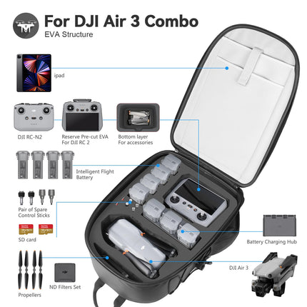 Smatree profesionālā mugursoma DJI droniem un dronu aksesuāriem, G*pro darbības kamerai un Osmo darbības kamerai, melna - DJI Air 3, liela, profesionāla