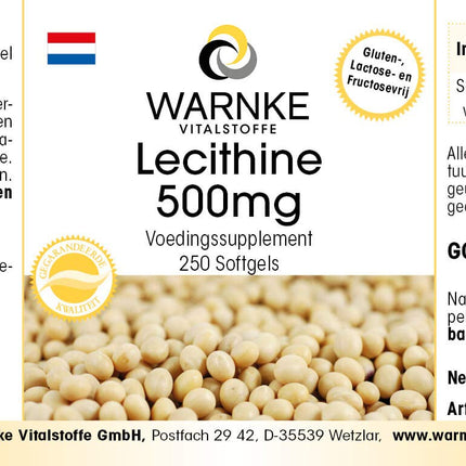 Lecitīns 500 mg - no sojas - 250 mīkstās kapsulas - bez ĢMO - liela deva - lielapjoma iepakojums | Warnke Vitalstoffe - Vācijas aptieku kvalitāte