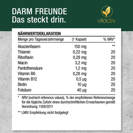 VITACTIV Intestinal Friends - probiotisko kultūru komplekss - 60 probiotiķu kapsulas - 30 baktēriju celmi, 100 miljardi CFU/g - laktobacilas un bifidobaktērijas, akācijas šķiedrvielas kā prebiotika, 8 B vitamīni