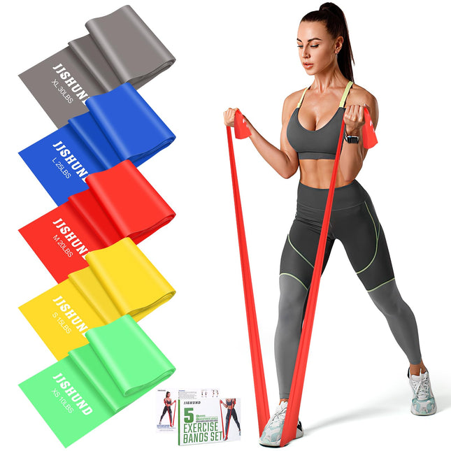 5 daļu fitnesa joslu komplekts, 1,5 m vingrošanas lentes pretestības lentes 5 stipruma pakāpēs, fitnesa lentes pretestības lentes Pilates jogas spēka treniņiem vīriešiem un sievietēm