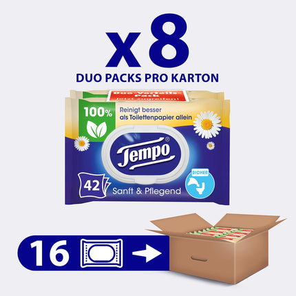 Tempo mitrās tualetes salvetes "Maigas un saudzīgas" - Megapack - 16 iepakojumi pa 42 salvetēm katrā - Duo iepakojumi - ar dabīgām kumelītēm - Tualetes papīrs, dermatoloģiski pārbaudīts un pH neitrāls ādai