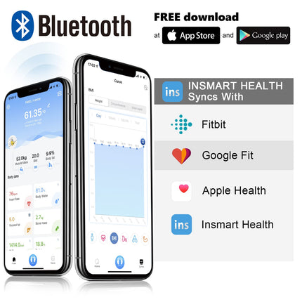 INSMART digitālie personālie svari, personīgie svari ar Bluetooth, ķermeņa tauku svari ĶMI, svaram, ķermeņa taukiem, sirdsdarbībai, muskuļu masai, ūdenim, olbaltumvielām, skeleta muskuļiem, kaulu svaram, BMR utt.