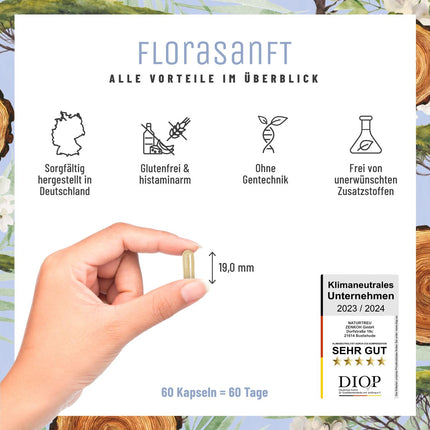 NATURTREU kultūru komplekss HIT + FI ar laktobacilām un bifidobaktērijām, arī histamīna nepanesības un fruktozes nepanesības gadījumā, 60 kuņģa sulu izturīgas kapsulas, papildināts ar B2 vitamīnu un B6 vitamīnu.
