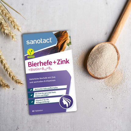 sanotact alus raugs + cinks (60 tabletes) • Ādai, matiem un nagiem • Vitamīnu komplekss ar alus raugu, cinku, biotīnu, B12, B6 un C vitamīnu • Ādas un matu vitamīni • 100% vegānisks