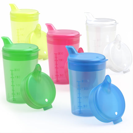 Horn Medical 5 pieaugušo dzeršanas palīglīdzekļu iepakojums, 250 ml dzeršanas krūzītes, PLUS 5 vāciņi šķidrumiem un 5 vāciņi putrai/sēnēm - krāsas izvēle (krāsaini)