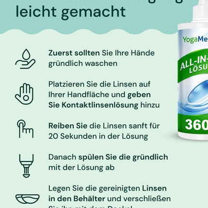 YogaMedic kontaktlēcu šķīdums — lēcu šķīdums mīkstajām lēcām, 3 x 360 ml, 1 x 100 ml un 3 kontaktlēcu futrāļi, kontaktlēcu šķīdums, universāls kombinēts šķīdums mīkstajām kontaktlēcām