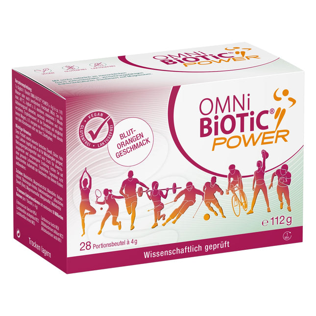 OMNi BiOTiC jauda | 28 porcijas (112 g) | 6 baktēriju celmi | 10 miljardi baktēriju vienā dienas devā | Pulveris | Vegāns | Ikdienas lietošanai | Ar baktērijām zarnu florai | Asins apelsīnu garša