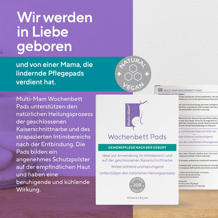 Multi-Mam pēcdzemdību ieliktnīši – pēcdzemdību audu kopšana intīmajām zonām un ķeizargrieziena rētām – intīmā aprūpe sievietēm. Mitrinoši želejas spilventiņi atvēsināšanai un atvieglojumam, bez smaržvielām vai hormoniem – 14 iepakojumā