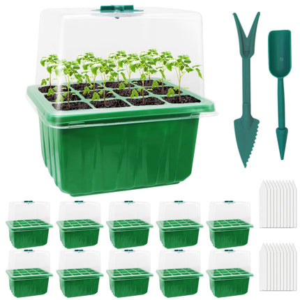 MYMULIKE iekštelpu siltumnīcas pavairotājs, 10 iepakojumi ar 120 šūnām, mini siltumnīcas pavairošanas komplekts, stādu sākuma paplātes, siltumnīcas pavairošanas komplekta paplāte ar paceltu vāku un ventilāciju stādiem