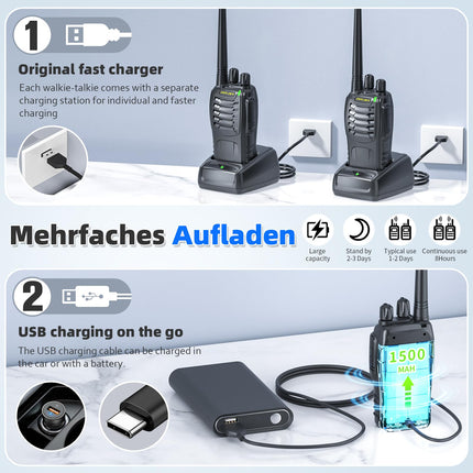 JUCJET (2 rāciju komplekts) 888HD rācijas, ieskaitot oriģinālās austiņas, C tipa datu kabeli, USB uzlādes staciju, ar savienošanu pārī ar vienu klikšķi, runas trokšņu samazināšanu un digitālo šifrēšanu