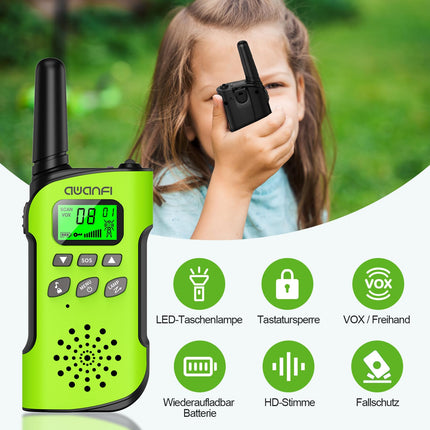 AWANFI Walkie Talkie Kids, rācija ar uzlādējamu litija jonu akumulatoru, divvirzienu radio komplekts, rācija ar VOX funkciju, LCD lukturītis, taustiņu slēdzene, rācija dāvanu kempinga piedzīvojumiem, 3-12 gadi