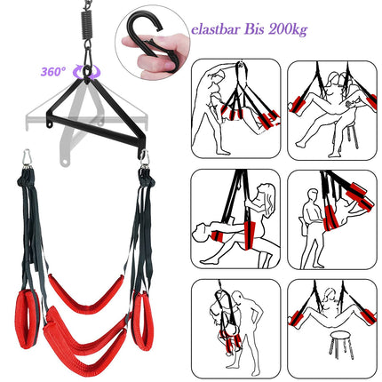 BDSMYEE Deluxe Love Swing komplekts griestiem, seksa šūpoļu mēbeles ar spalvu kutinātāju un krūtsgala klipša ķēdi, Love Swing seksa šūpoles ar 5 galvas spilveniem, jostasvietas spilvenu, gurnu spilvenu, kāju spilvenu, celtspēja 200 kg