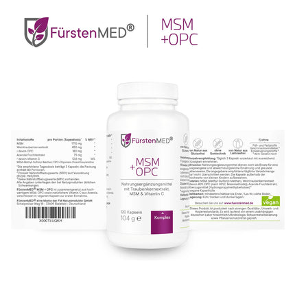 FürstenMED® MSM + OPC kapsulas. Augsta deva ar 1710 mg MSM pulvera + 180 mg OPC un C vitamīnu (no acerolas) vienā dienas devā - 120 kapsulas, vegānas, laboratoriski pārbaudītas un bez piedevām.
