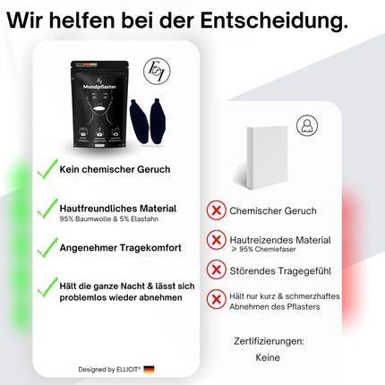Ellicit® mutes plāksteris gulēšanai, 30 plāksteri augstas kvalitātes mutes plāksteriem gulēšanai, pret krākšanu, krākšanas plāksteri, optimāla fiksācija pat ar bārdu, 95% kokvilna [ērts universāls izmērs]