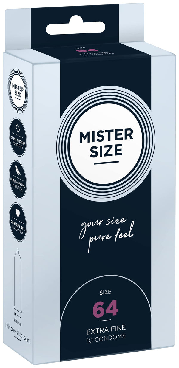 MISTER SIZE prezervatīvi, īpaši mīksti, 64 mm, 10 gab. iepakojumā/īpaši plāni, īpaši smalki, īpaši mitri/izgatavoti no 100% dabīgā lateksa kaučuka jūsu XXL izmērā/dabiska sajūta, 10 gab. iepakojumā