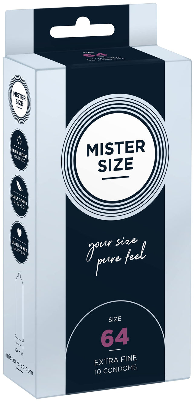 MISTER SIZE prezervatīvi, īpaši mīksti, 64 mm, 10 gab. iepakojumā/īpaši plāni, īpaši smalki, īpaši mitri/izgatavoti no 100% dabīgā lateksa kaučuka jūsu XXL izmērā/dabiska sajūta, 10 gab. iepakojumā