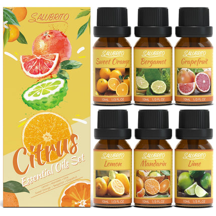SALUBRITO citrusaugļu ēterisko eļļu komplekts, tīras dabīgas citrusaugļu aromātu eļļas difuzoriem - saldais apelsīns, bergamote, greipfrūts, citrons, mandarīns, laims aromterapijas eļļa