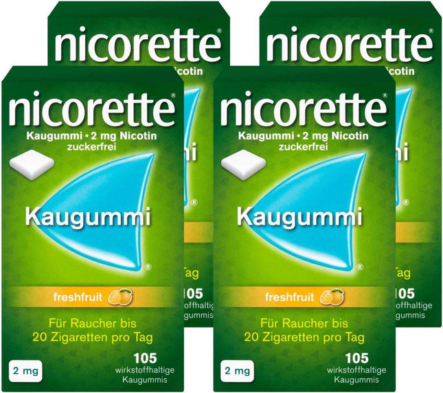 NICORETTE košļājamā gumija, četru iepakojumu iepakojums, 2 mg svaigu augļu – nikotīna košļājamā gumija smēķēšanas atmešanai – augļu garša – 2 mg nikotīna – smēķēšanas atmešanai