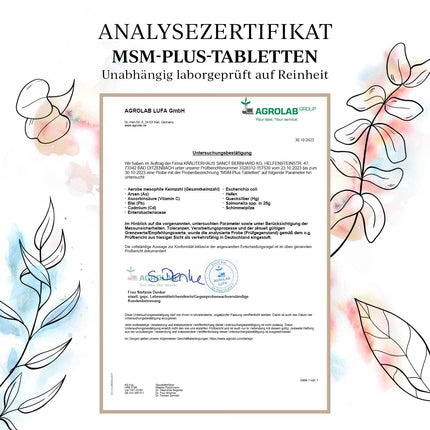 MSM Plus tabletes | Vegāns | 2000 mg MSM un 60 mg C vitamīna dienā | 500 tabletes 8 mēnešiem | Metilsulfonilmetāns | Neatkarīgi laboratorijā pārbaudīta kvalitāte | Ražots Vācijā
