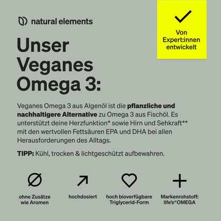 Vegānisks Omega 3 no aļģu eļļas - 90 kapsulas - Augsta deva ar augstas kvalitātes EPA un DHA (triglicerīdu formā) - Omega-3 vegāniem, laboratoriski pārbaudīts, ilgtspējīgs un dabiski ar zemu piesārņotāju saturu