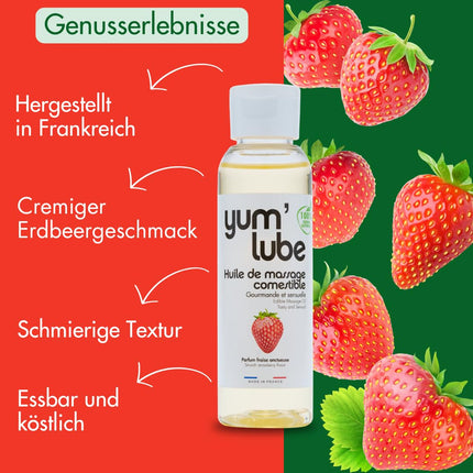 Yum'Lube | Seksa un erotiskā masāžas eļļa eļļa masāžai un intīmai lietošanai | Ķermeņa eļļa ar zemenēm | Masāžas eļļa intīmai eļļai, kas piemērota kā seksa eļļa | Masāžas eļļa intīmajai zonai un masāžas eļļa seksam intīmajā zonā
