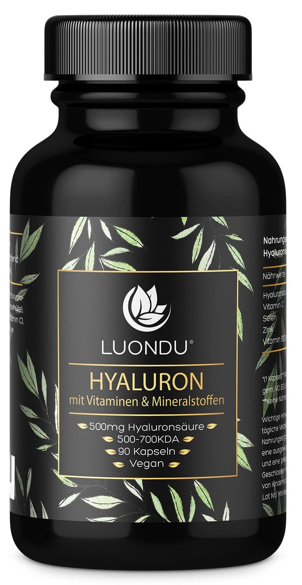 Hialuronskābes kapsulas ar augstu devu 500 mg 90 gab. (3 mēneši) Hialuronskābe ar C vitamīnu, cinku, selēnu, B2 vitamīnu - laboratoriski pārbaudītas, vegānas, ražotas Vācijā