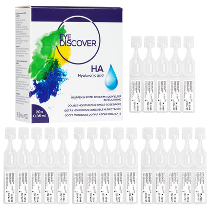 EYE DISCOVER, acu pilieni ar hialuronskābi un hidroksietilcelulozi, acu pilieni sausām acīm, mitrinoši pilieni (20 x 0,35 ml)