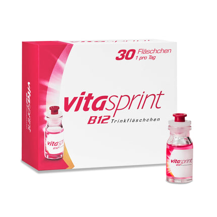 Vitamīns B12 - Vitasprint B12 dzeramās pudeles, 30 gab. – Ar lielu B12 vitamīna devu un vērtīgiem olbaltumvielu veidojošajiem elementiem lielākai garīgajai un fiziskajai enerģijai un mazākam nogurumam un izsīkumam