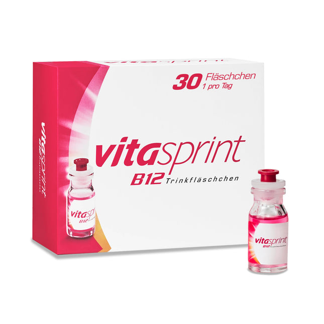 Vitamīns B12 - Vitasprint B12 dzeramās pudeles, 30 gab. – Ar lielu B12 vitamīna devu un vērtīgiem olbaltumvielu veidojošajiem elementiem lielākai garīgajai un fiziskajai enerģijai un mazākam nogurumam un izsīkumam
