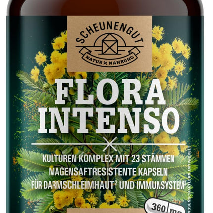 FLORA INTENSO® probiotiķu komplekss 100 miljardi CFU/g - Laboratorijā pārbaudīti 23 baktēriju celmi bez inulīna - Zarnās šķīstošās baktērijas ar laktobacilām + bifidobaktērijām - DE-SCHEUNENGUT®