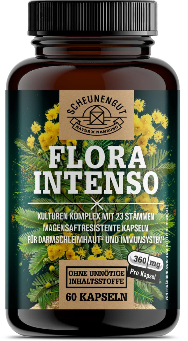 FLORA INTENSO® probiotiķu komplekss 100 miljardi CFU/g - Laboratorijā pārbaudīti 23 baktēriju celmi bez inulīna - Zarnās šķīstošās baktērijas ar laktobacilām + bifidobaktērijām - DE-SCHEUNENGUT®