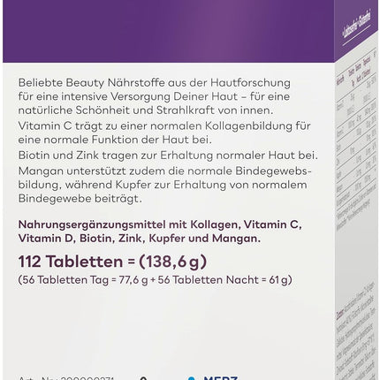 Merz Spezial Kollagen Active Duo Day &amp; Night – skaistuma kompleksa tabletes ar kolagēnu, C vitamīnu, cinku, mangānu + biotīnu – uztura bagātinātājs ar divkāršu formulu – 1 x 112 tabletes