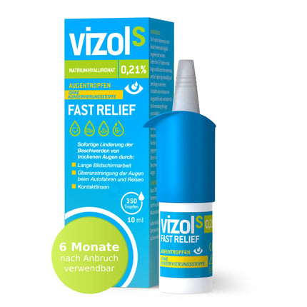 Vizol S 0,21% Fast Relief acu pilieni 10 ml nodrošina tūlītēju un efektīvu atvieglojumu no viegliem līdz vidēji smagiem sausu un kairinātu acu simptomiem, bez konservantiem.