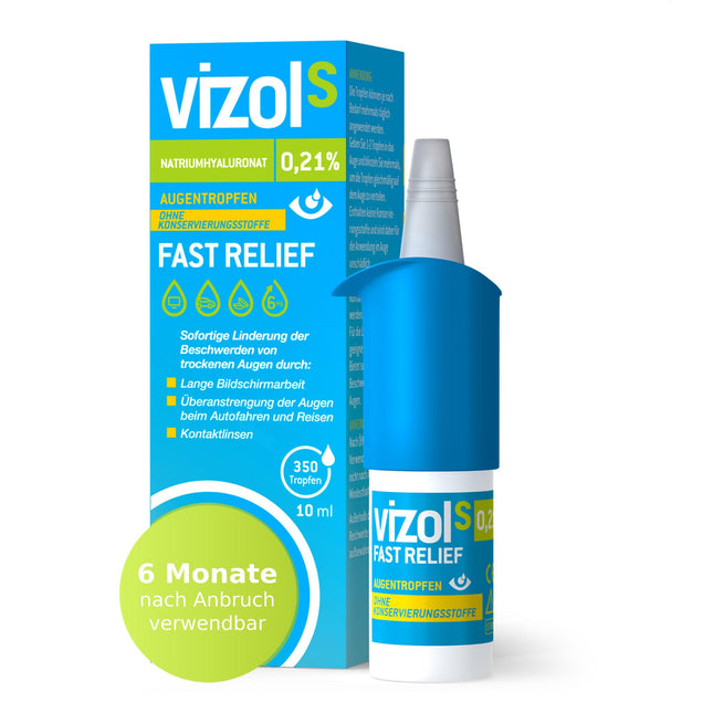 Vizol S 0,21% Fast Relief acu pilieni 10 ml nodrošina tūlītēju un efektīvu atvieglojumu no viegliem līdz vidēji smagiem sausu un kairinātu acu simptomiem, bez konservantiem.