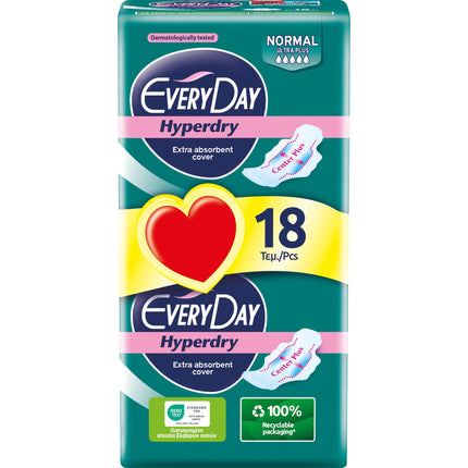 EveryDay Hyperdry Normal, uzsūcošas higiēniskās paketes ar spārniņiem, Hyper Dry un Ultra uzsūcošas, 18 gab.