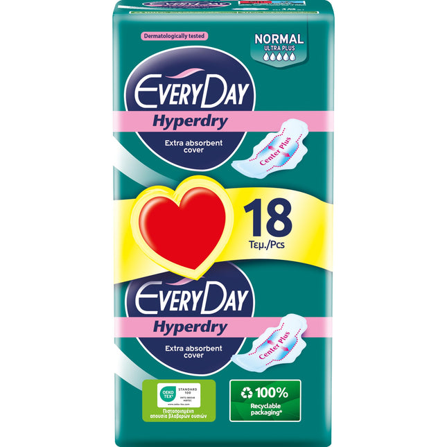 EveryDay Hyperdry Normal, uzsūcošas higiēniskās paketes ar spārniņiem, Hyper Dry un Ultra uzsūcošas, 18 gab.