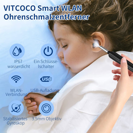 Ausu sēra noņemšanas otoskops, VITCOCO WiFi ausu tīrīšanas kamera 5MP HD ausu kamera IP67 ūdensnecaurlaidīgs otoskops 3,5 mm objektīva ausu endoskops ar 6 gaismas diodēm iPhone, iPad un Android viedtālruņiem (melns)
